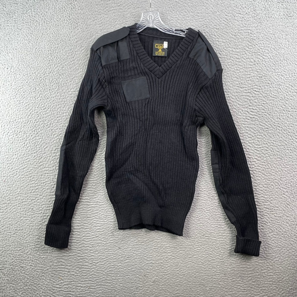 Citadel Commando Sweater Mens 44 Black Wool V-Neck Military Ribbed Patch England
